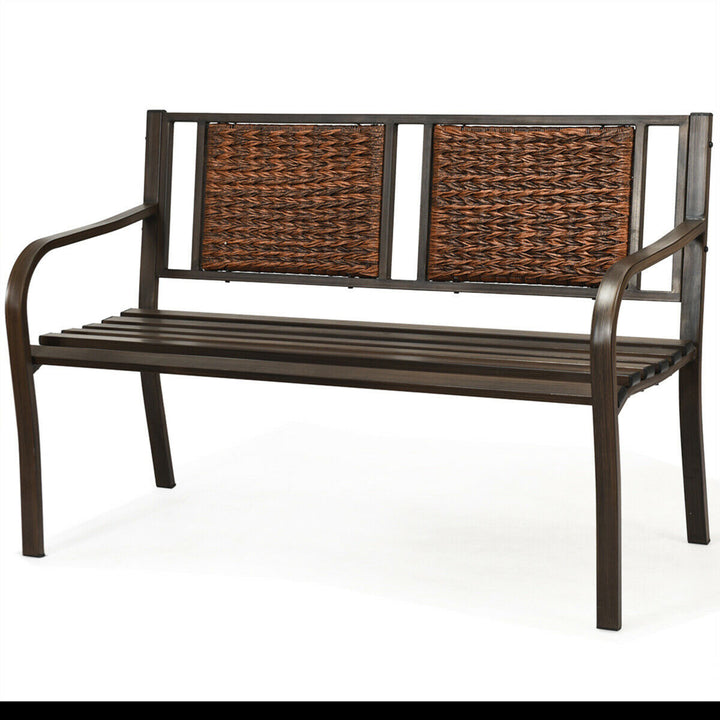 Garden Bench Loveseat Park Patio Yard Outdoor w/ Rattan Back Steel Frame Image 4