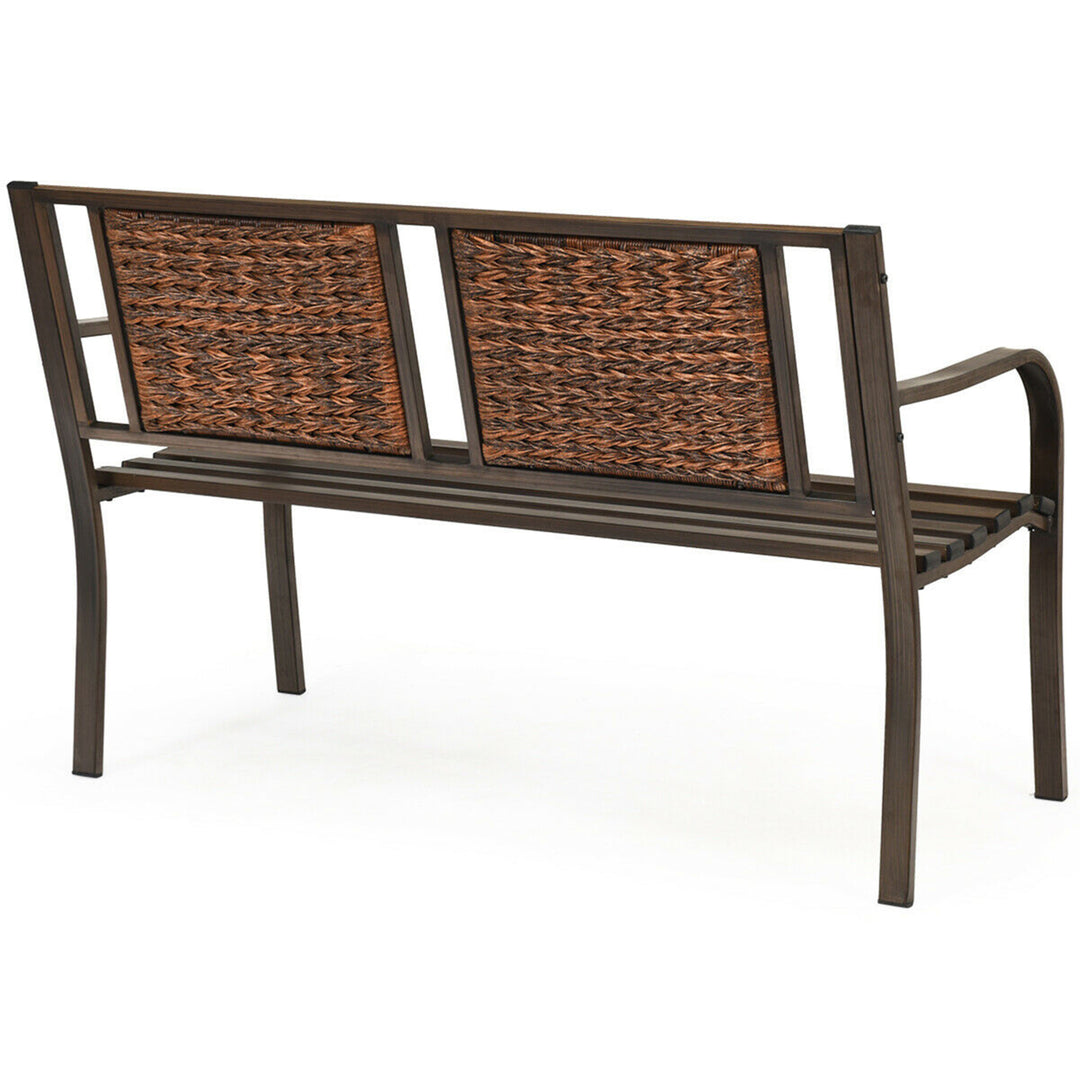 Garden Bench Loveseat Park Patio Yard Outdoor w/ Rattan Back Steel Frame Image 5