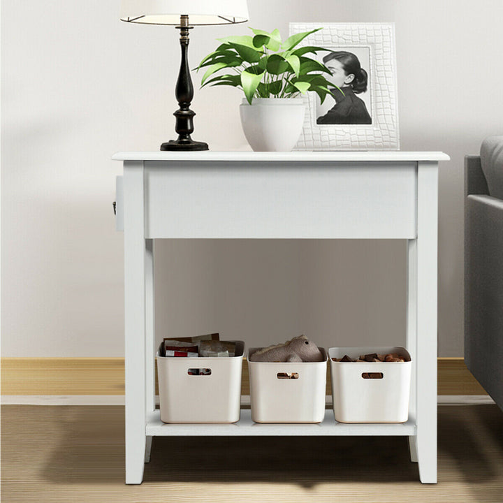 2 Tier End Bedside Sofa Side Table Narrow Nightstand w/Drawer andShelf White Image 5