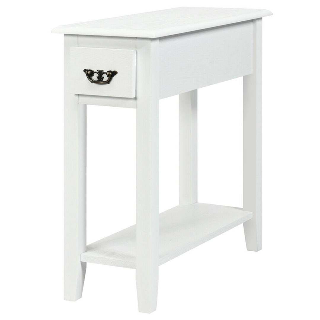 2 Tier End Bedside Sofa Side Table Narrow Nightstand w/Drawer andShelf White Image 6