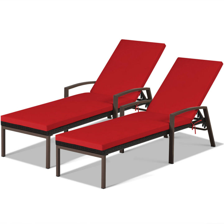 2PCS Adjustable Patio Rattan Chaise Recliner Lounge Chair w/ Red Cushion Image 3