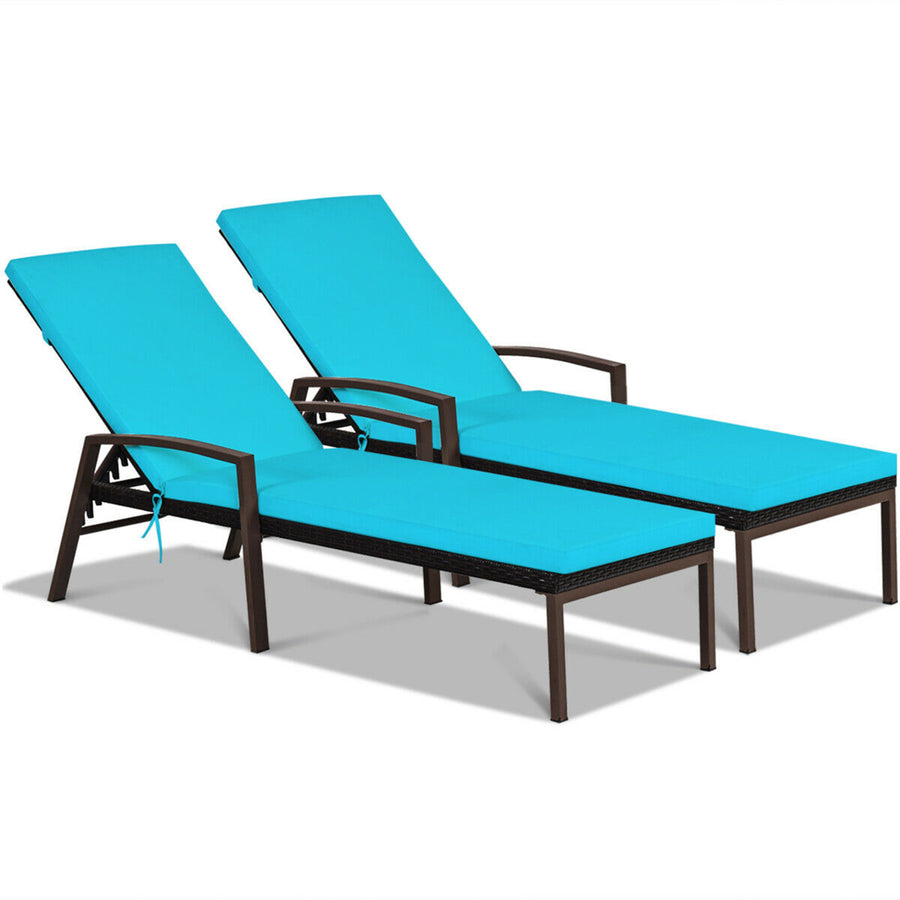 2PCS Adjustable Patio Rattan Chaise Recliner Lounge Chair w/ Turquoise Cushion Image 1