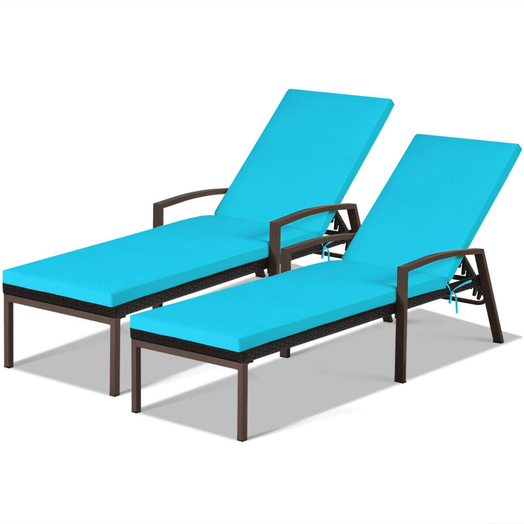 2PCS Adjustable Patio Rattan Chaise Recliner Lounge Chair w/ Turquoise Cushion Image 3