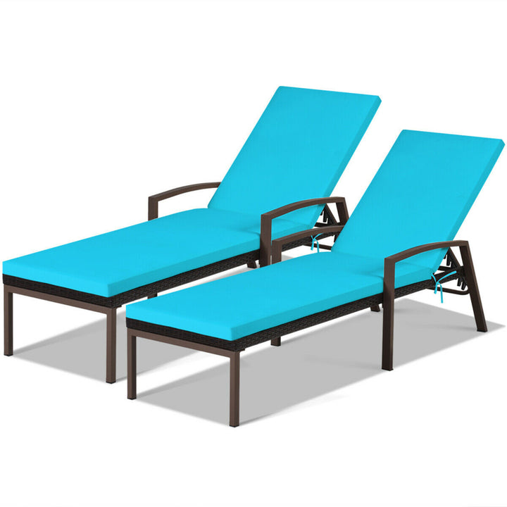 2PCS Adjustable Patio Rattan Chaise Recliner Lounge Chair w/ Turquoise Cushion Image 3