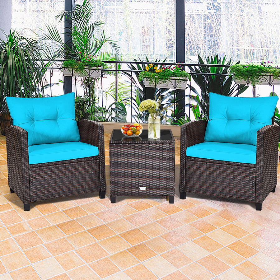 3PCS Outdoor Patio Rattan Conversation Set w/ Coffee Table Turquoise Cushion Image 1