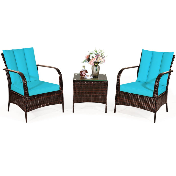 3PCS Patio Rattan Conversation Set Outdoor Furniture Set w/ Turquoise Cushion Image 1