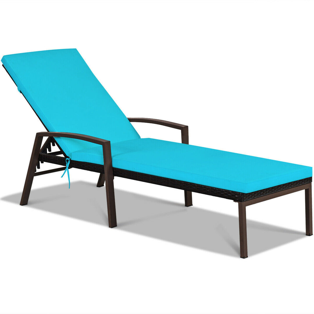 2PCS Adjustable Patio Rattan Chaise Recliner Lounge Chair w/ Turquoise Cushion Image 4