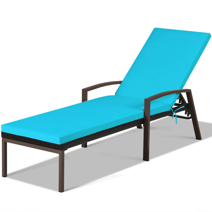 2PCS Adjustable Patio Rattan Chaise Recliner Lounge Chair w/ Turquoise Cushion Image 5