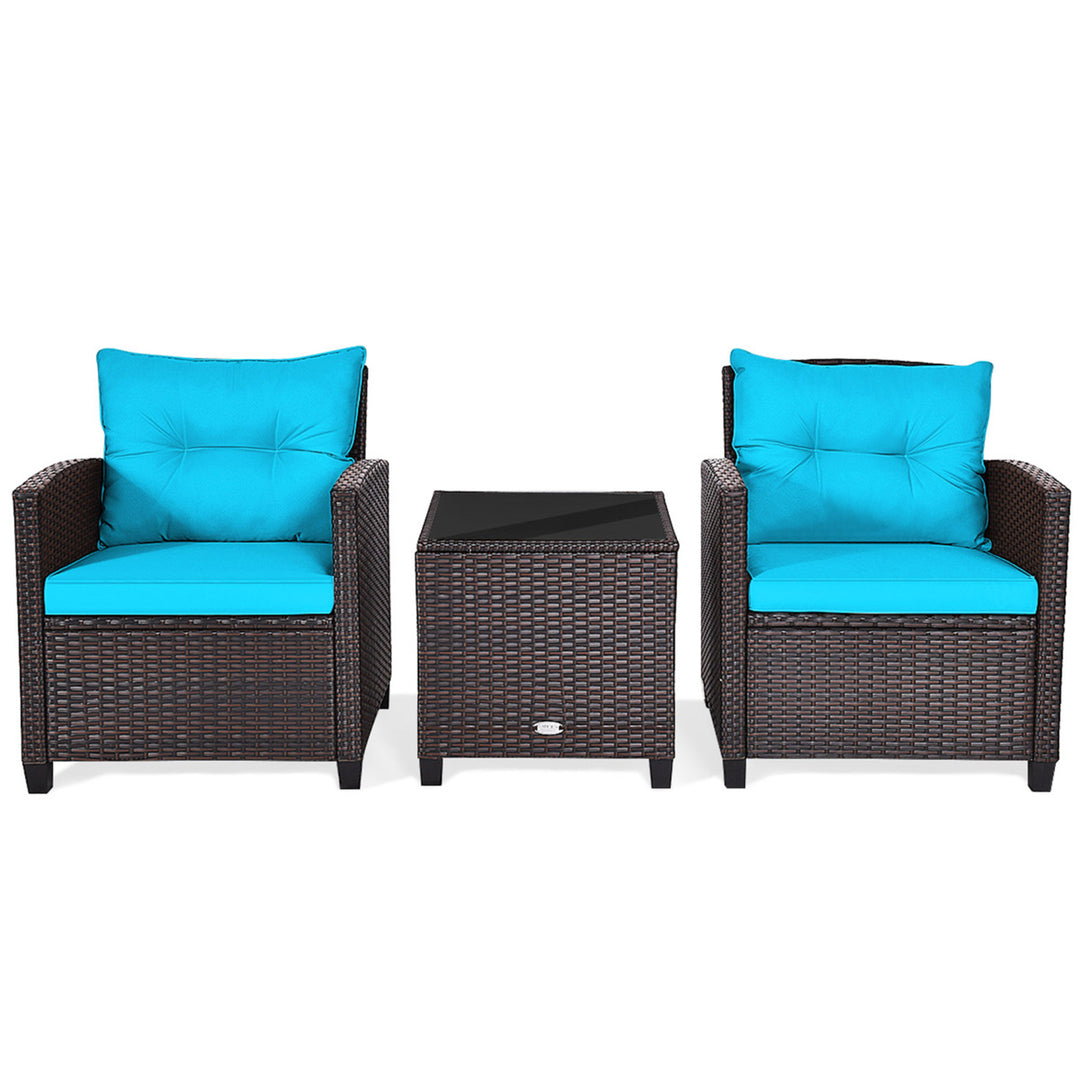 3PCS Outdoor Patio Rattan Conversation Set w/ Coffee Table Turquoise Cushion Image 2