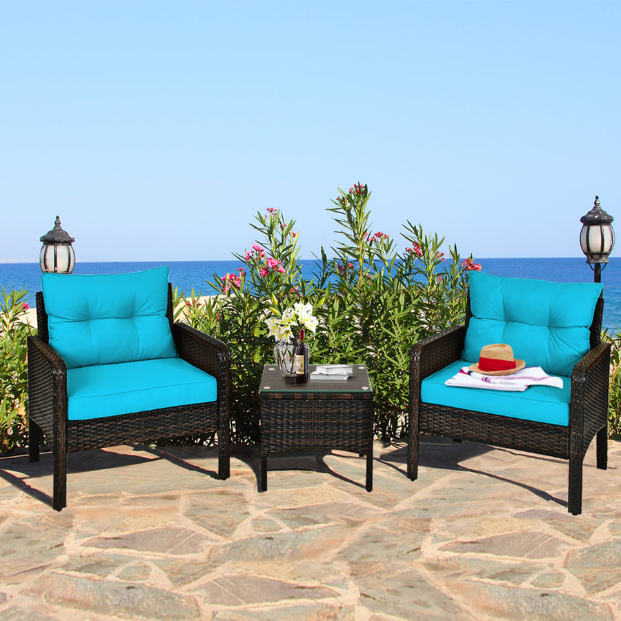 3PCS Patio Outdoor Rattan Furniture Set w/ Coffee Table Turquoise Cushion Image 1