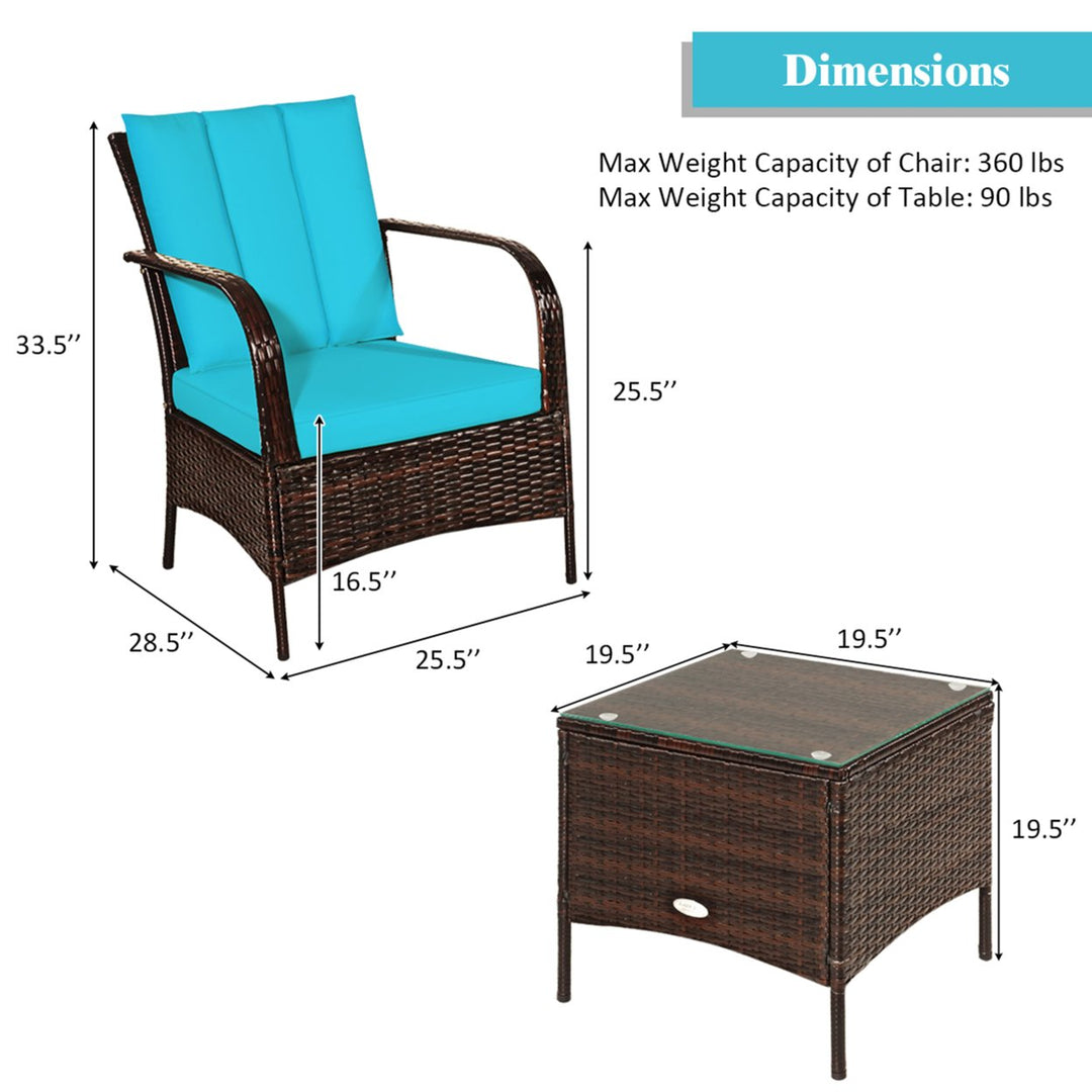 3PCS Patio Rattan Conversation Set Outdoor Furniture Set w/ Turquoise Cushion Image 2