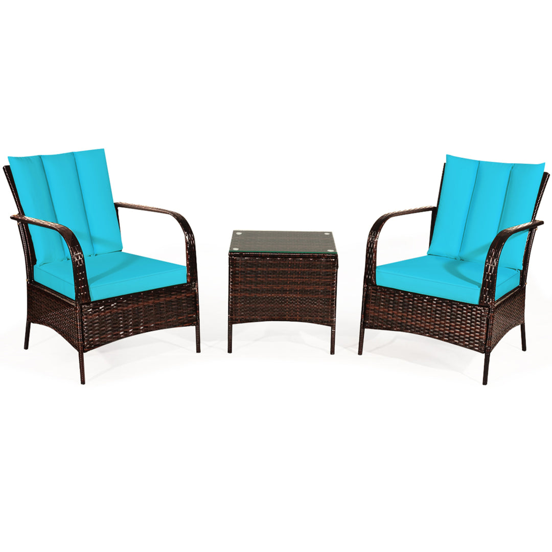 3PCS Patio Rattan Conversation Set Outdoor Furniture Set w/ Turquoise Cushion Image 3