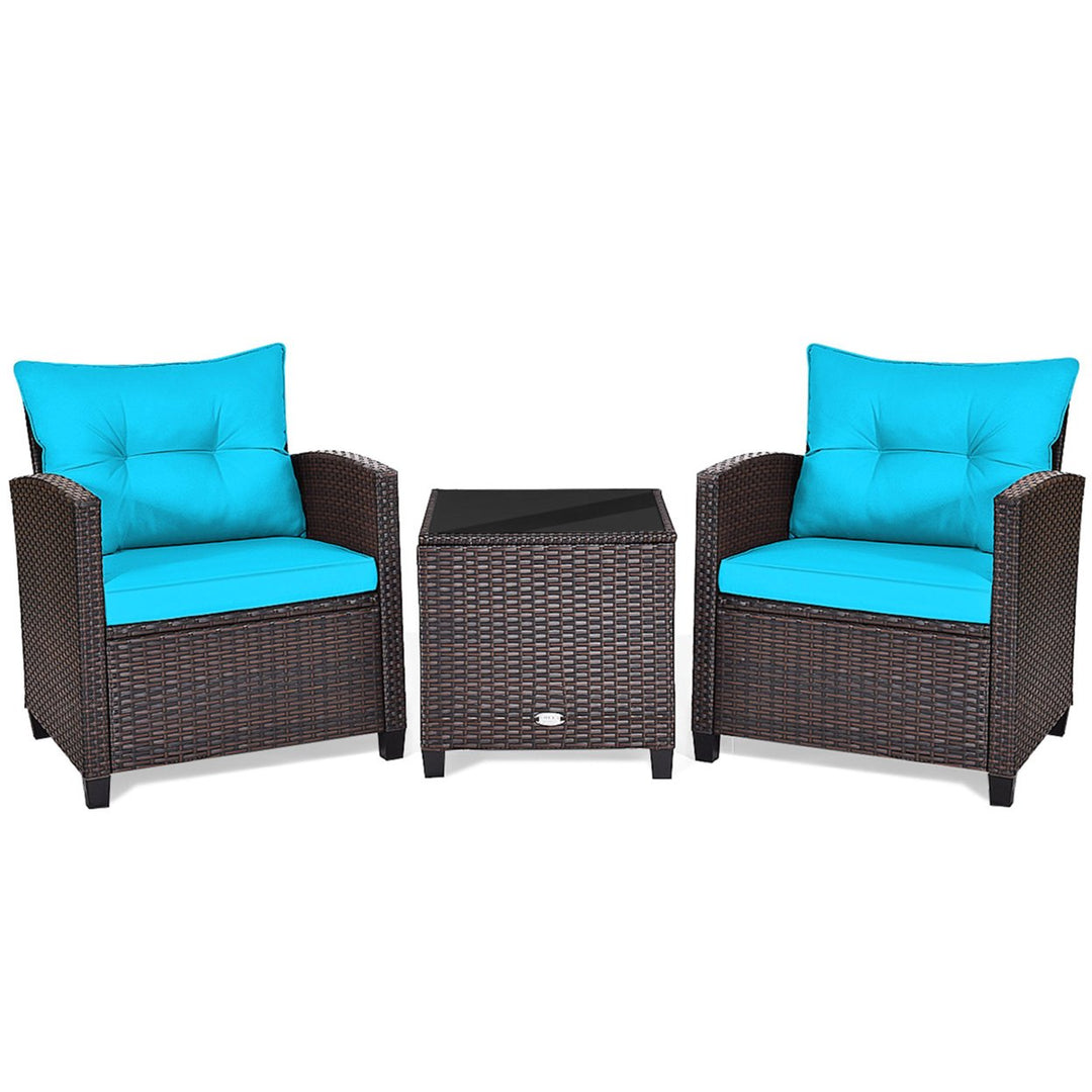 3PCS Outdoor Patio Rattan Conversation Set w/ Coffee Table Turquoise Cushion Image 5