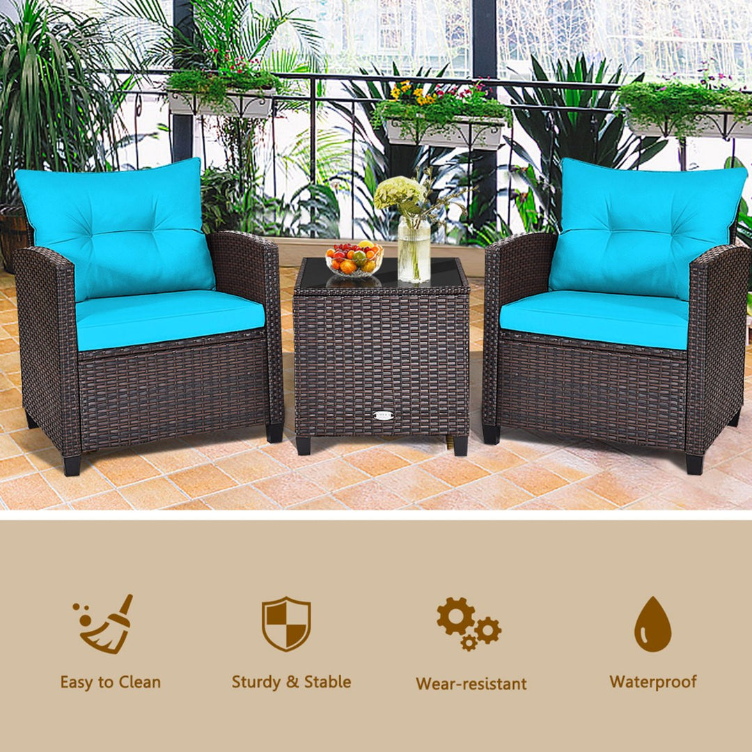 3PCS Outdoor Patio Rattan Conversation Set w/ Coffee Table Turquoise Cushion Image 6