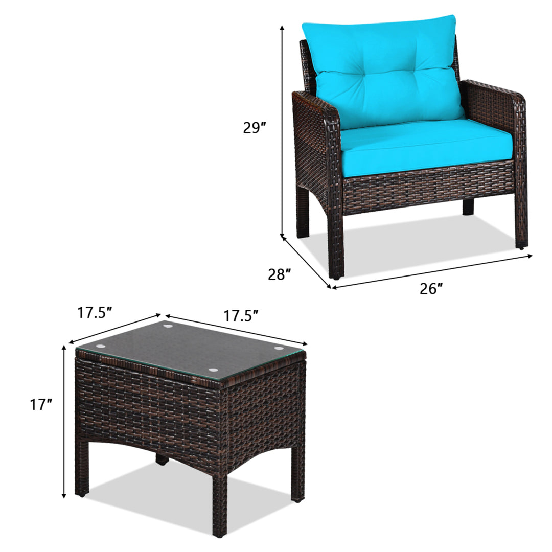 3PCS Patio Outdoor Rattan Furniture Set w/ Coffee Table Turquoise Cushion Image 3