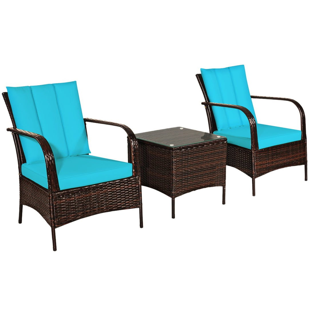 3PCS Patio Rattan Conversation Set Outdoor Furniture Set w/ Turquoise Cushion Image 4