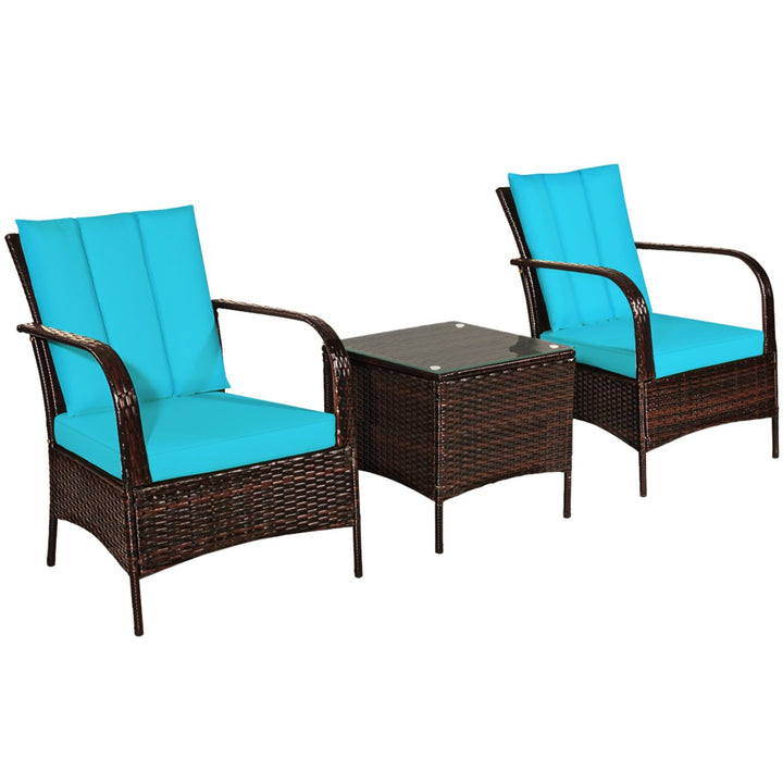 3PCS Patio Rattan Conversation Set Outdoor Furniture Set w/ Turquoise Cushion Image 4