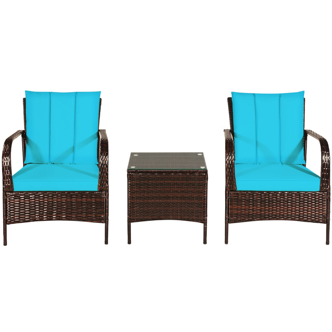 3PCS Patio Rattan Conversation Set Outdoor Furniture Set w/ Turquoise Cushion Image 5