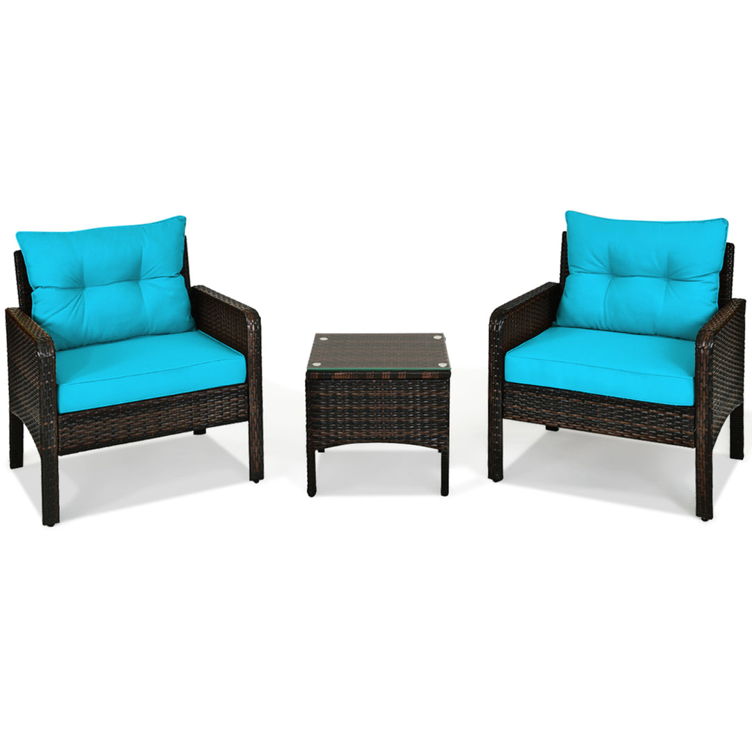 3PCS Patio Outdoor Rattan Furniture Set w/ Coffee Table Turquoise Cushion Image 2