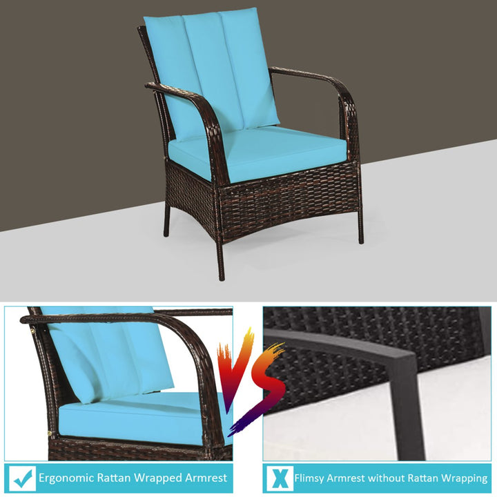 3PCS Patio Rattan Conversation Set Outdoor Furniture Set w/ Turquoise Cushion Image 6