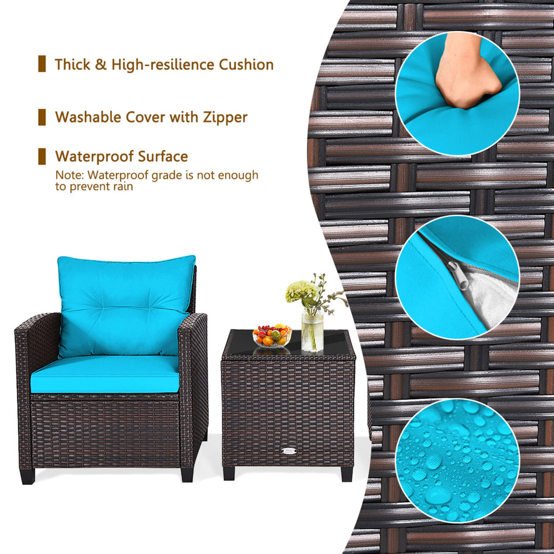 3PCS Outdoor Patio Rattan Conversation Set w/ Coffee Table Turquoise Cushion Image 8