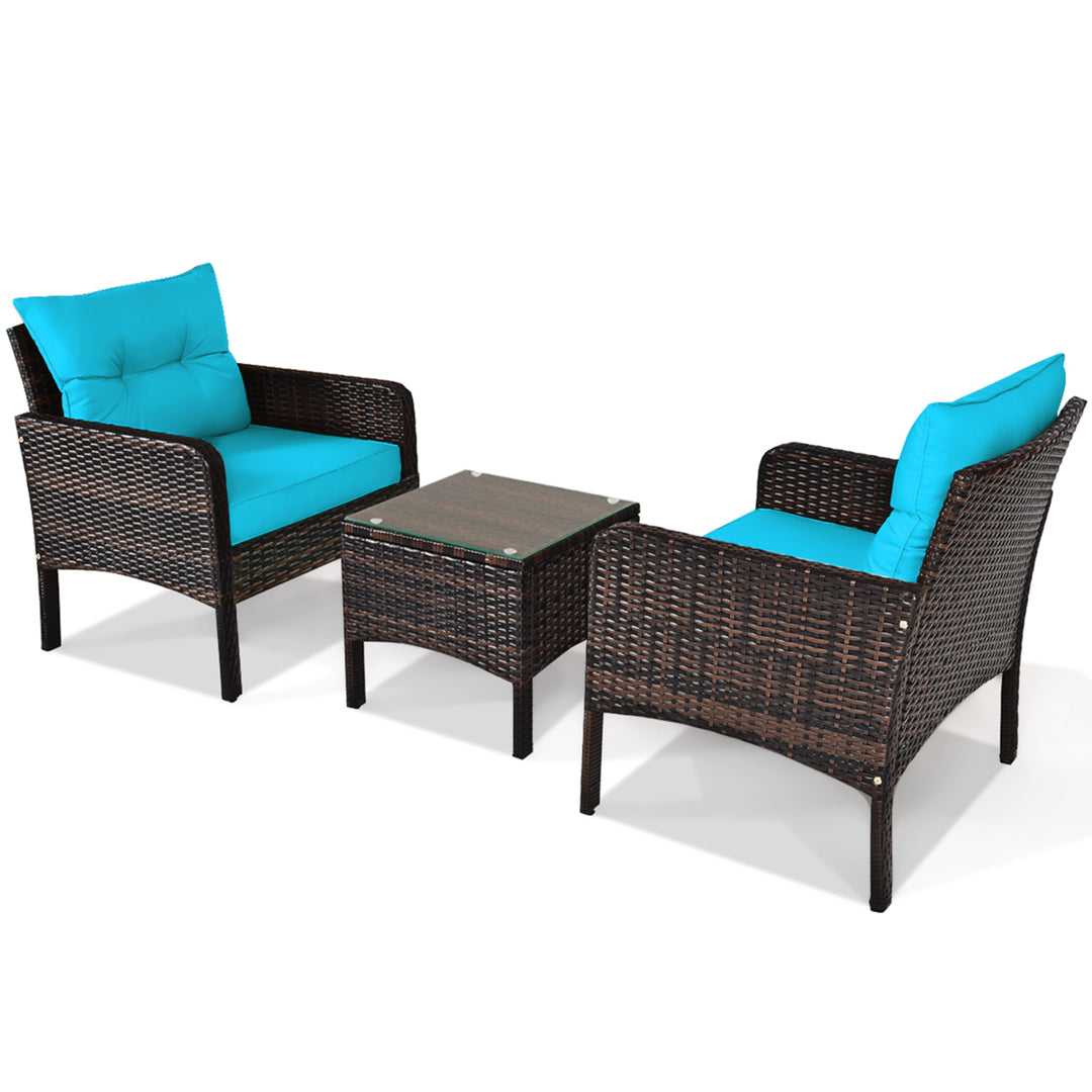 3PCS Patio Outdoor Rattan Furniture Set w/ Coffee Table Turquoise Cushion Image 5