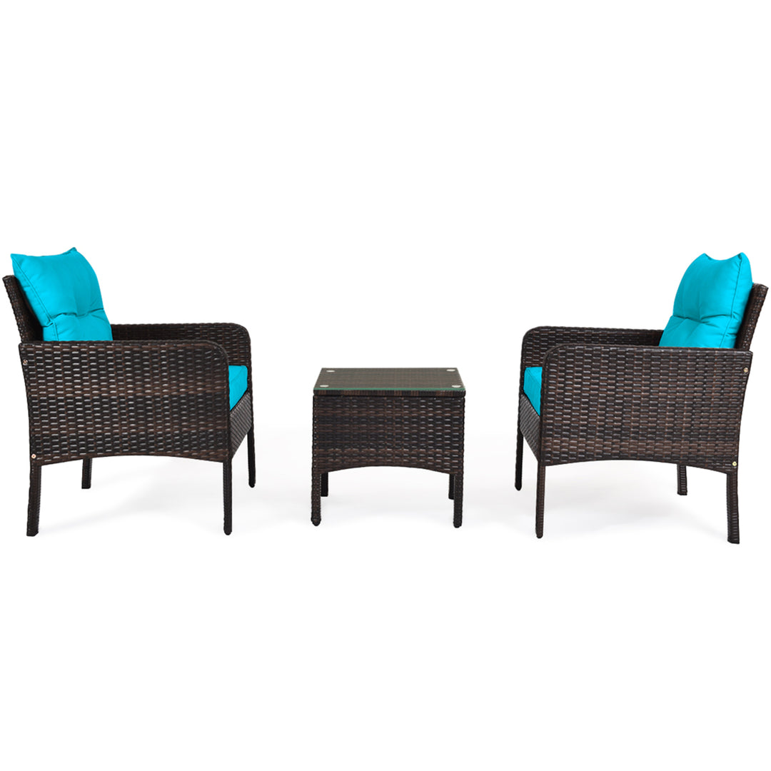 3PCS Patio Outdoor Rattan Furniture Set w/ Coffee Table Turquoise Cushion Image 6