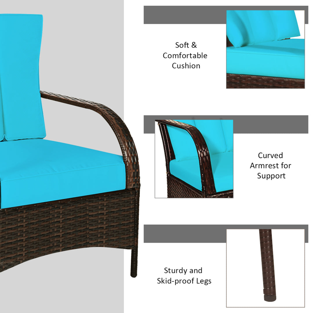 3PCS Patio Rattan Conversation Set Outdoor Furniture Set w/ Turquoise Cushion Image 8