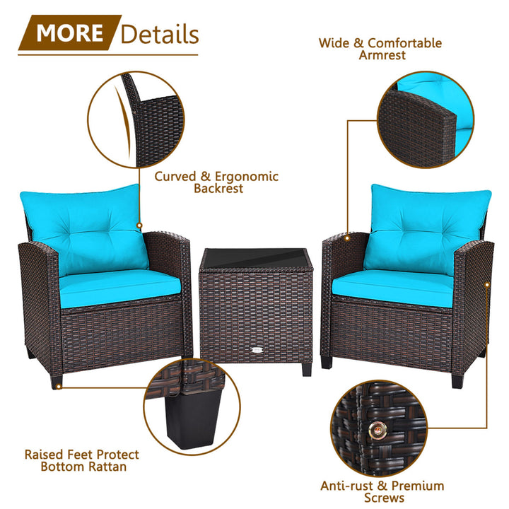 3PCS Outdoor Patio Rattan Conversation Set w/ Coffee Table Turquoise Cushion Image 10