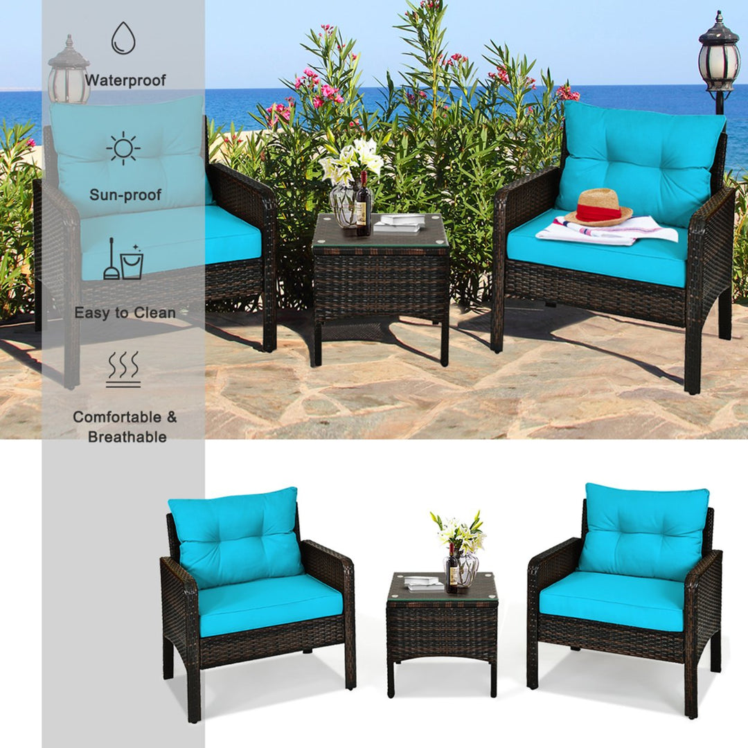 3PCS Patio Outdoor Rattan Furniture Set w/ Coffee Table Turquoise Cushion Image 7