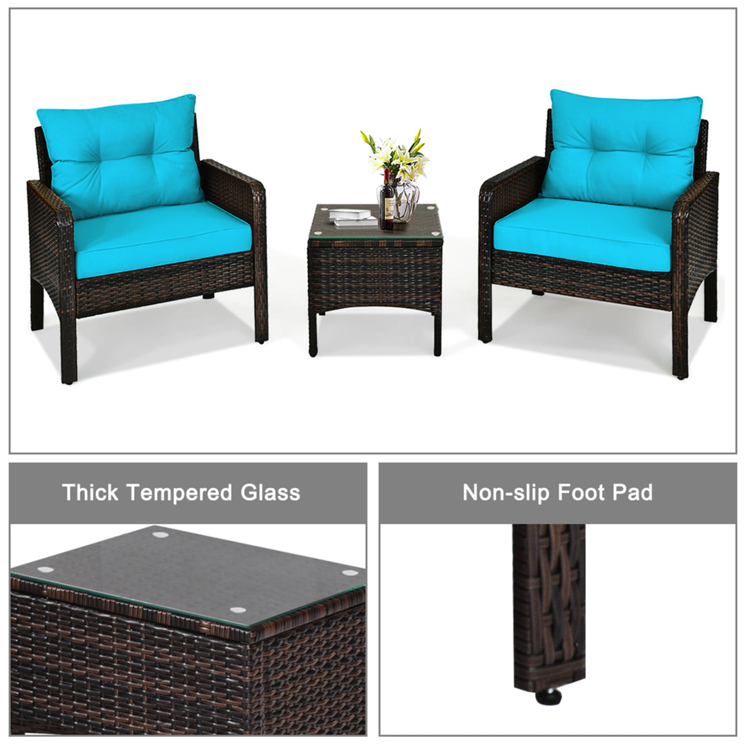 3PCS Patio Outdoor Rattan Furniture Set w/ Coffee Table Turquoise Cushion Image 9