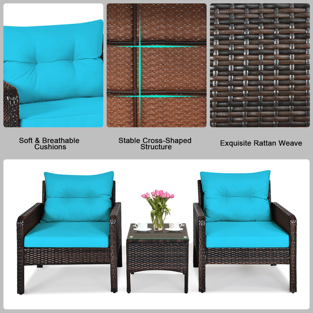 3PCS Patio Outdoor Rattan Furniture Set w/ Coffee Table Turquoise Cushion Image 10