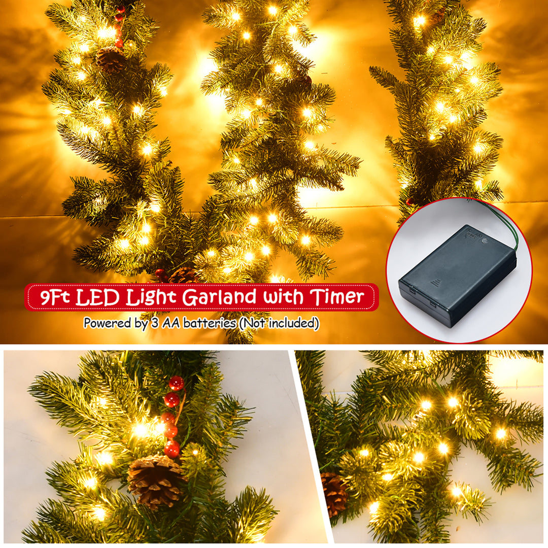 9Ft Pre-lit Artificial Christmas Garland Red Berries w/ 100 LED Lights and Timer Image 7