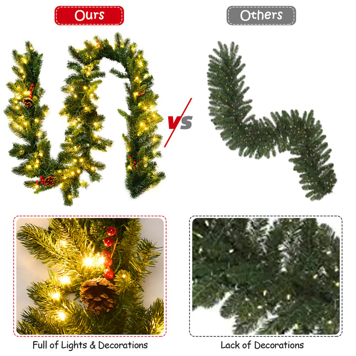 9Ft Pre-lit Artificial Christmas Garland Red Berries w/ 100 LED Lights and Timer Image 9