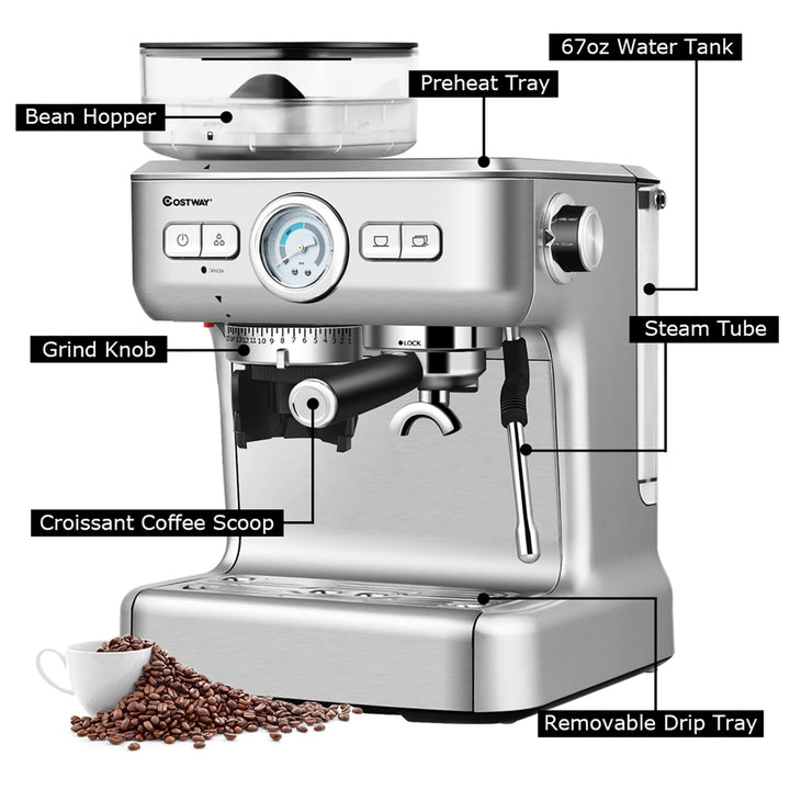 Espresso Cappucino Machine Coffee Maker Stainless Steel w/ Grinder and Steam Wand Image 8