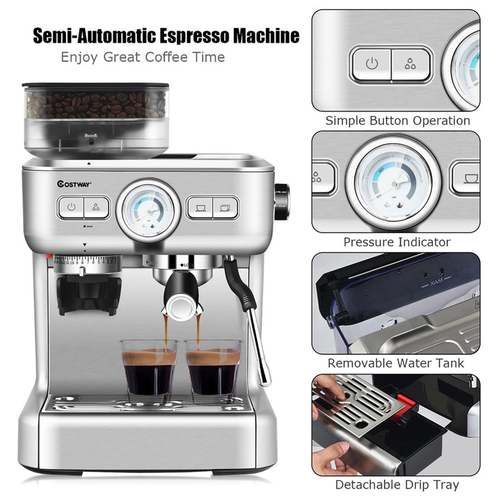 Espresso Cappucino Machine Coffee Maker Stainless Steel w/ Grinder and Steam Wand Image 9