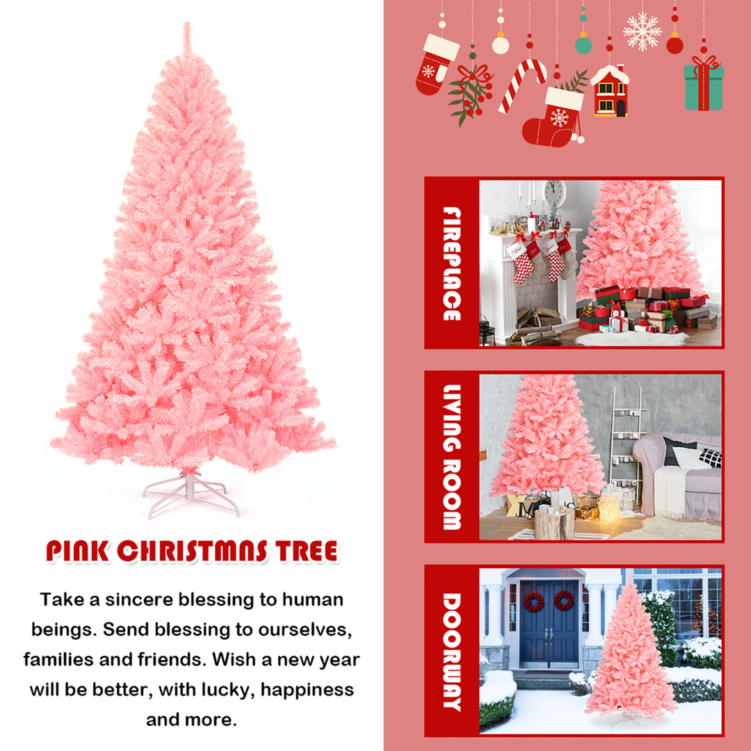 7.5Ft Hinged Artificial Christmas Tree Full Fir Tree PVC w/ Metal Stand Pink Image 5