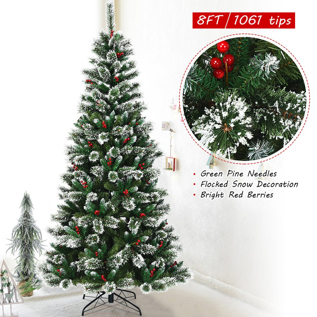 8 ft Snow Flocked Artificial Christmas Hinged Tree w/ Pine Needles and Red Berries Image 8