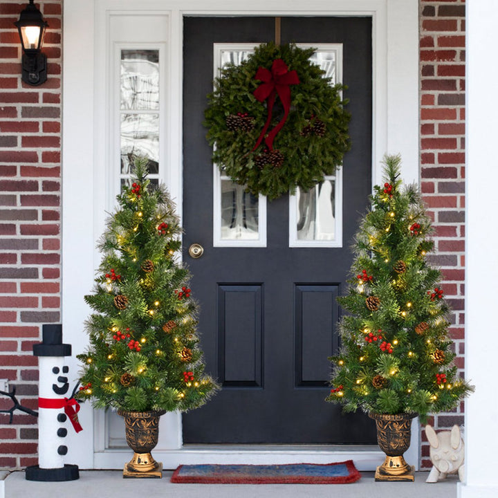 5ft Pre-Lit Christmas Entrance Tree In Urn w/100 LED Light Red Berries Pine Cone Image 6