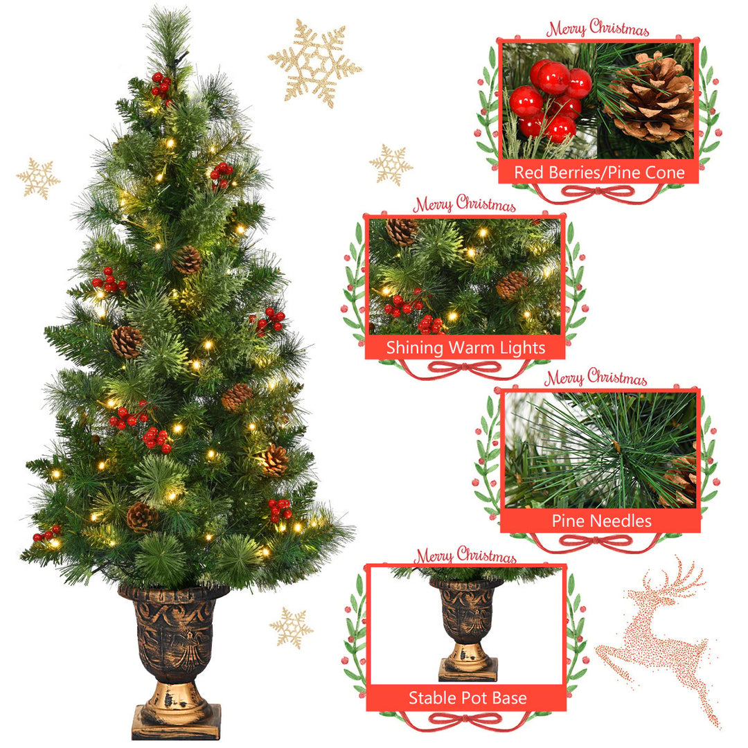 5ft Pre-Lit Christmas Entrance Tree In Urn w/100 LED Light Red Berries Pine Cone Image 7