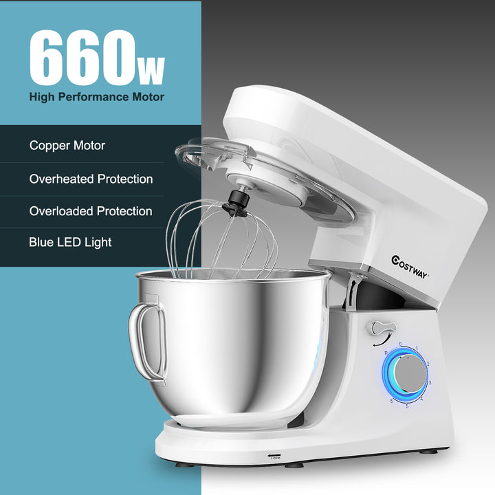 Tilt-Head Stand Mixer 7.5 Qt 6 Speed 660W with Dough Hook, Whisk and Beater White Image 8