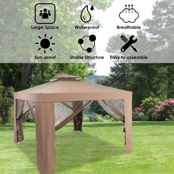 10x 10 Canopy Gazebo Tent Shelter Garden Lawn Patio W/Mosquito Netting Coffee Image 3