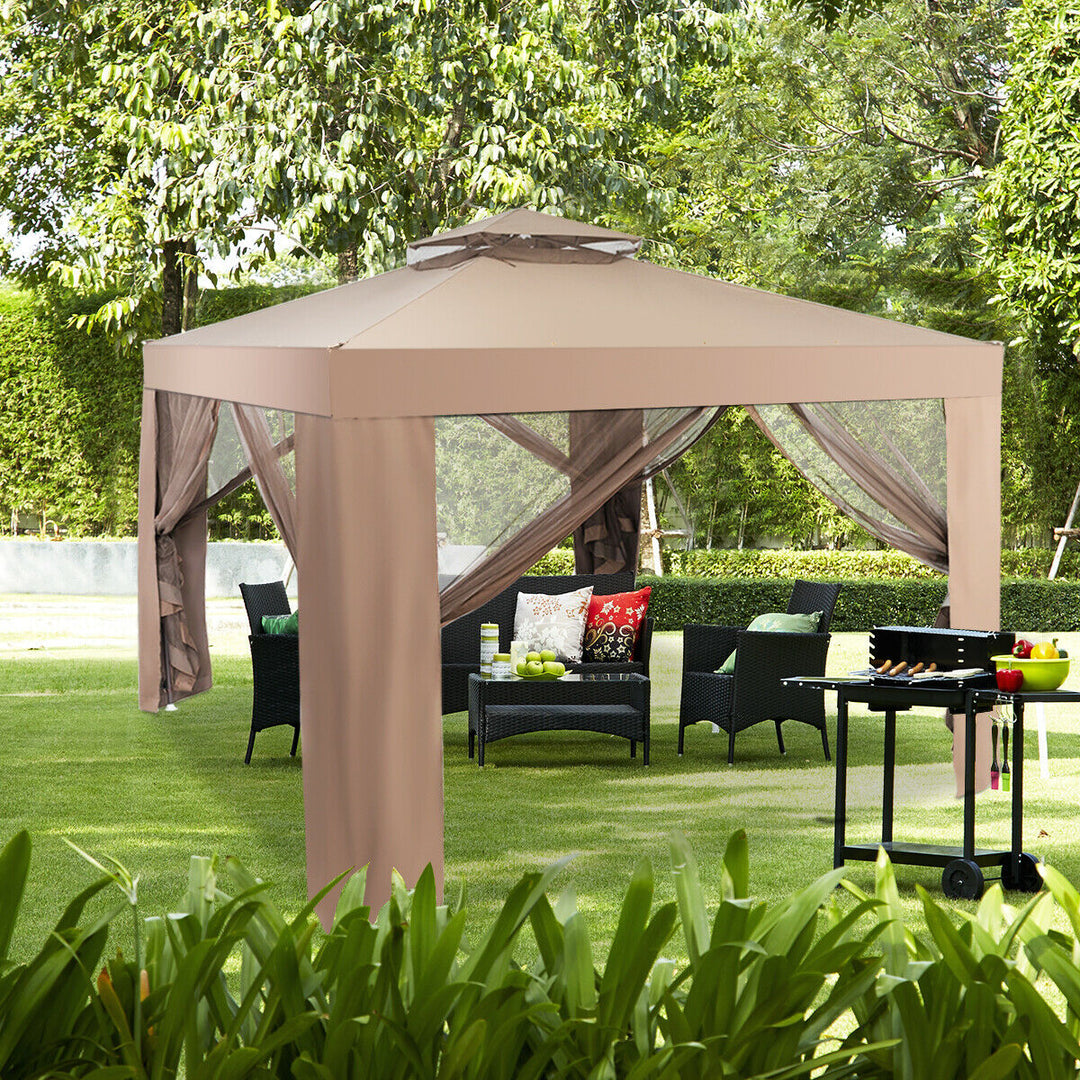 10x 10 Canopy Gazebo Tent Shelter Garden Lawn Patio W/Mosquito Netting Coffee Image 5