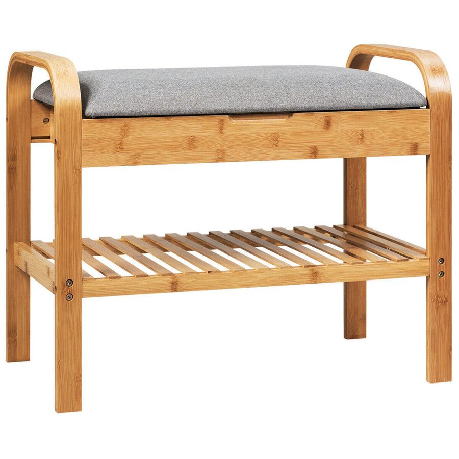 Shoe Rack Bench Bamboo W/Cushioned SeatandStorage Shelf Padded Seat Shoe Bench Image 1