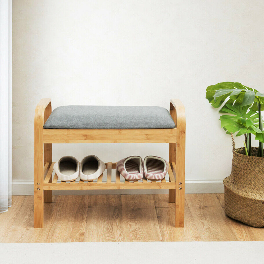 Shoe Rack Bench Bamboo W/Cushioned SeatandStorage Shelf Padded Seat Shoe Bench Image 3