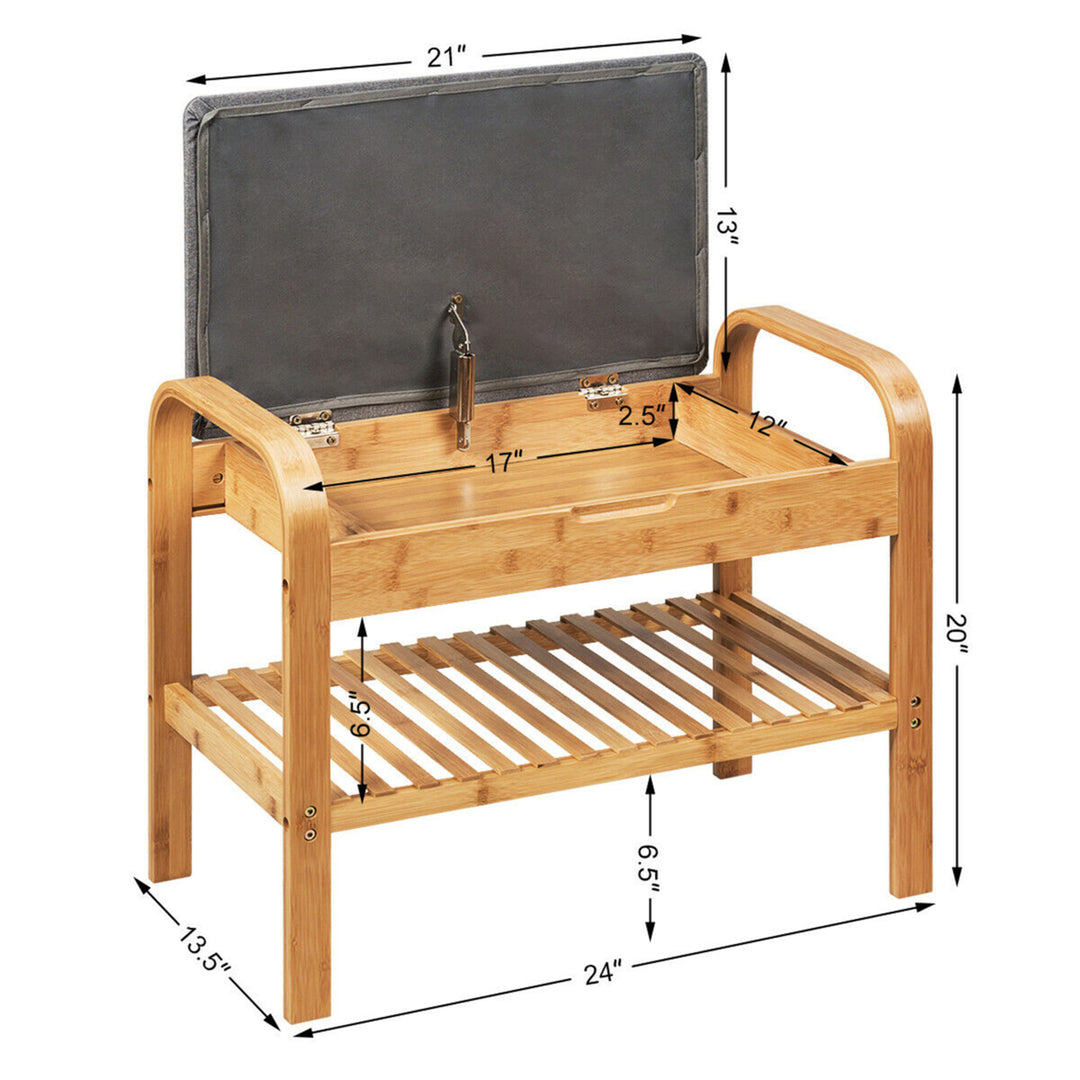 Shoe Rack Bench Bamboo W/Cushioned SeatandStorage Shelf Padded Seat Shoe Bench Image 5