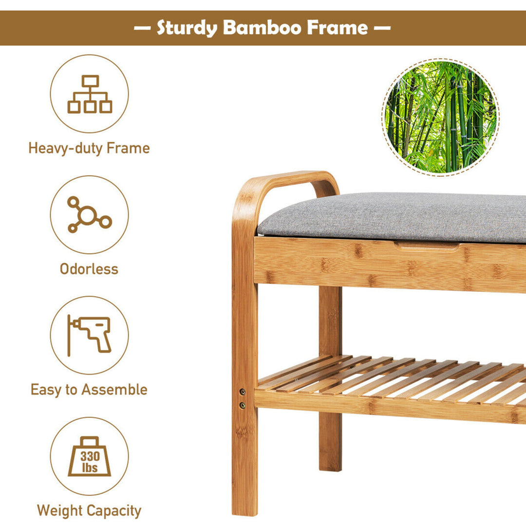 Shoe Rack Bench Bamboo W/Cushioned SeatandStorage Shelf Padded Seat Shoe Bench Image 6