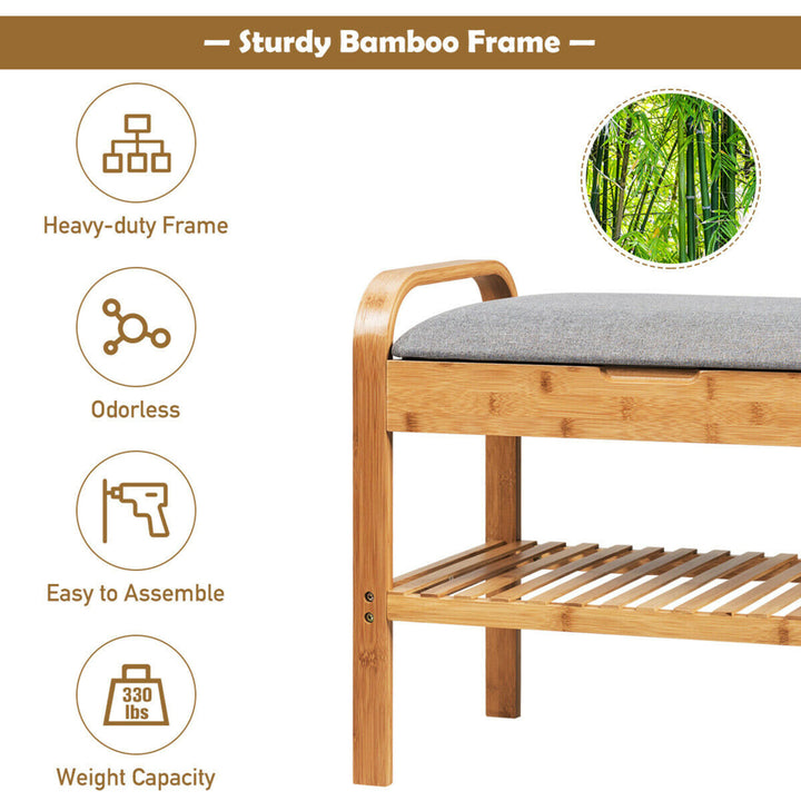 Shoe Rack Bench Bamboo W/Cushioned SeatandStorage Shelf Padded Seat Shoe Bench Image 6