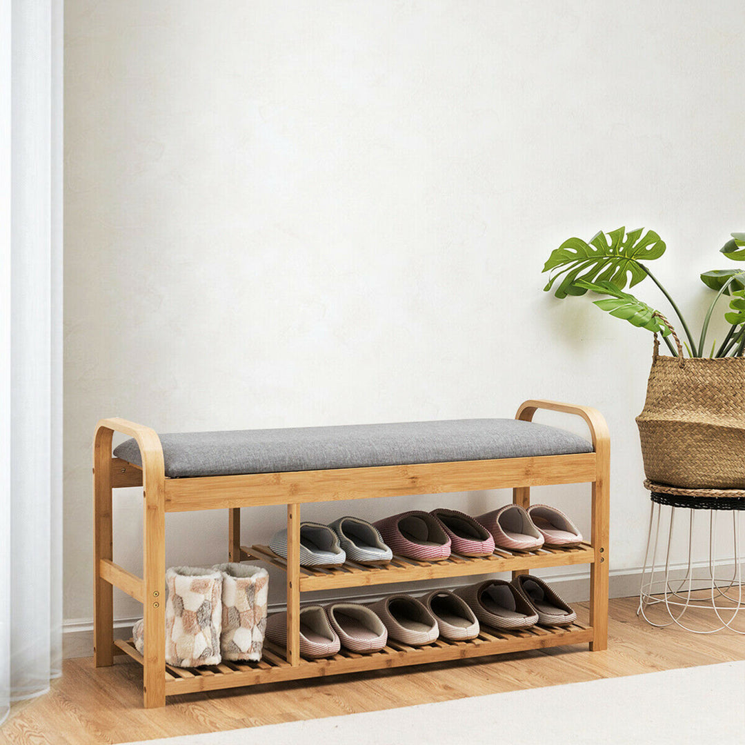 Shoe Rack Entryway 3-Tier Bamboo Shoe Bench Organizer W/Cushion Modern Stool Image 2