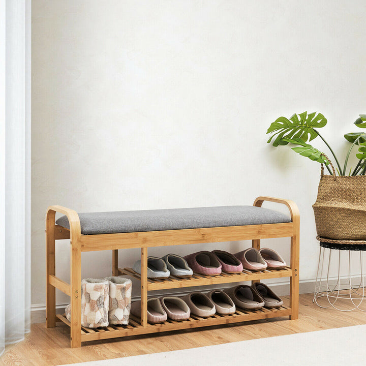 Shoe Rack Entryway 3-Tier Bamboo Shoe Bench Organizer W/Cushion Modern Stool Image 2